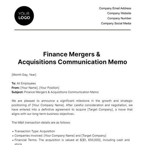 Free Finance Mergers Acquisitions Communication Memo Template Edit