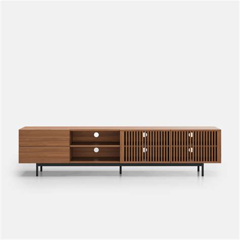 Mid Century Modern Tv Stand With Louvered Wood Slatted Doors