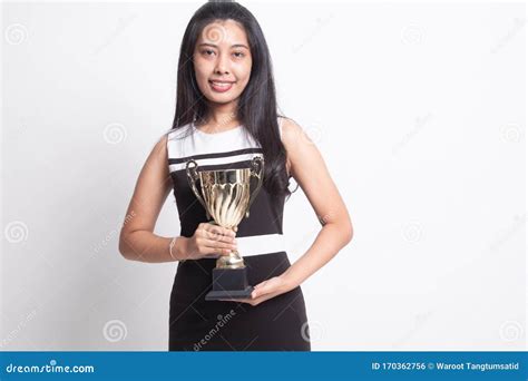 Successful Young Asian Woman Holding A Trophy Stock Photo Image Of