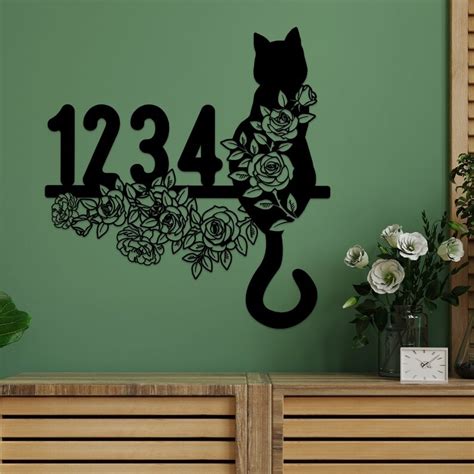 DINOZOZO Cute Floral Cat V2 Address Sign House Number Plaque Custom