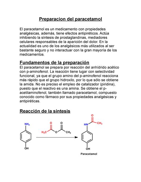 Preparacion Del Paracetamol Act A Inhibiendo La S Ntesis De