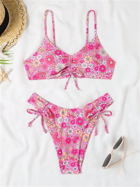 Traje De Baño Bikini Con Cuello Halter Y Estampado De Flores Para Mujer