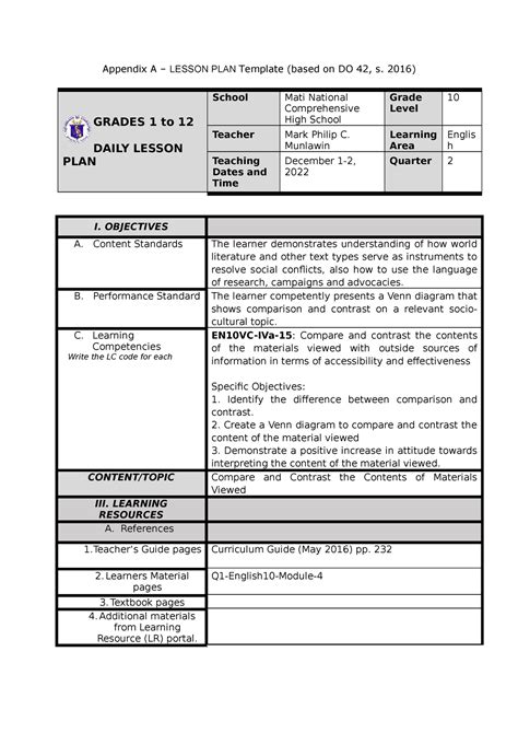 Comparison And Contrast Based From The Material Viewed Appendix A