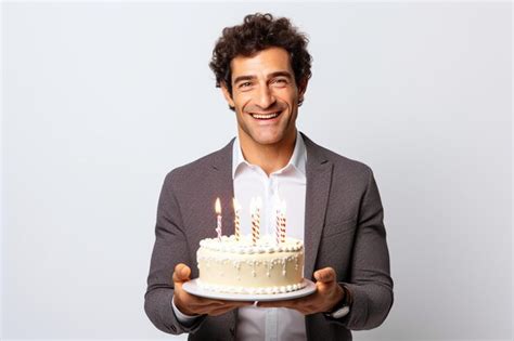 Premium AI Image | Happy beautiful man holding birthday cake with candles isolated on clean ...