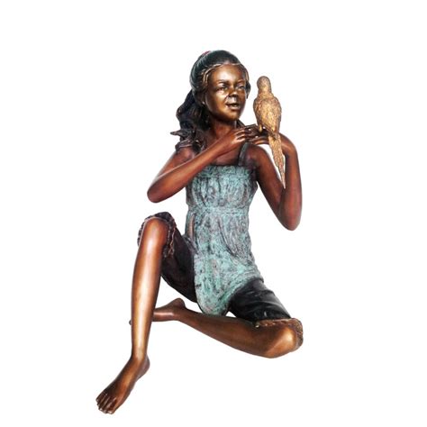 Bronze Sitting Girl holding Bird Sculpture - Metropolitan Galleries Inc.