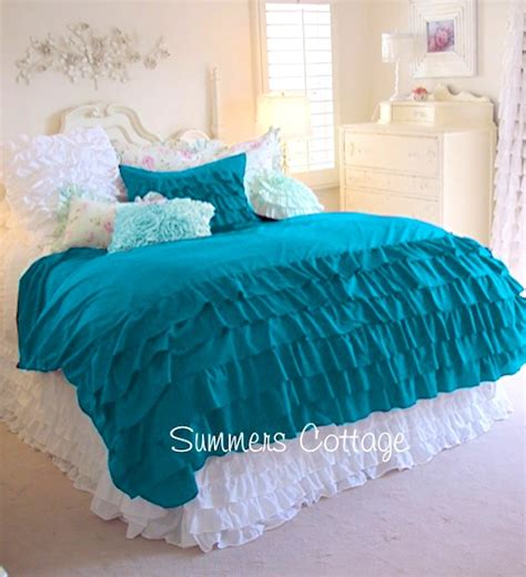 Aqua Teal Turquoise Ruffled Duvet Comforter Cover Set