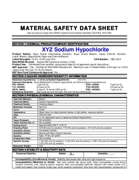 Bleach Sds Example Pdf Sewage Treatment Chlorine