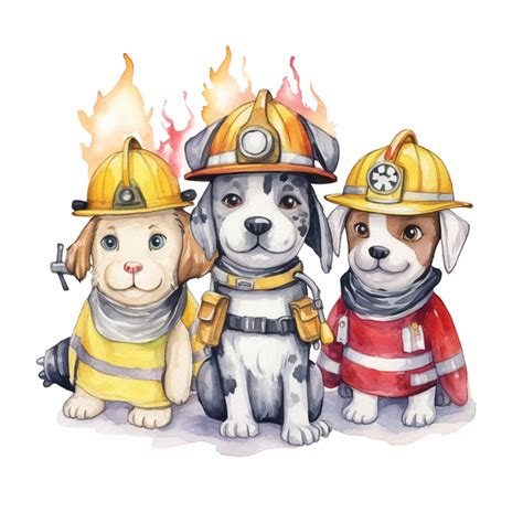 Premium Photo | There are three dogs wearing firemen hats and firemen uniforms generative ai