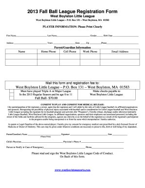 Fillable Online Fall Ball Registration Form West Boylston Sports Fax