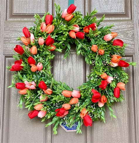 Tulip Wreath With Greenery Tulip Wreath For Front Door Spring Summer