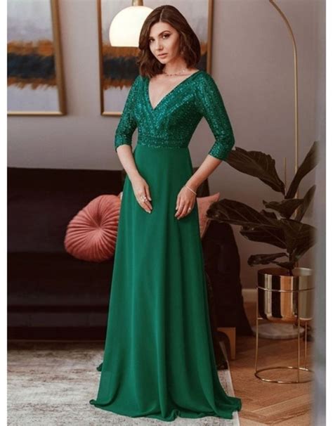 Vestido Verde Escuro Longo Decote Em V Chiffon Contraste Lantejoula