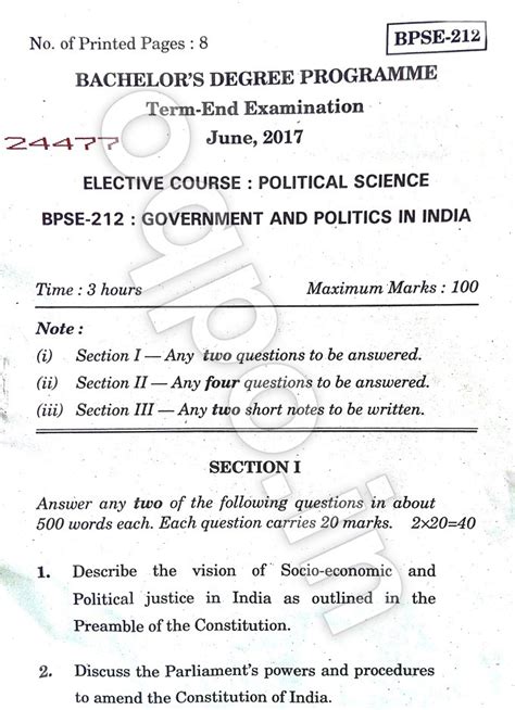 IGNOU BPSE 212 Govt And Politics In India Question Paper June 2017