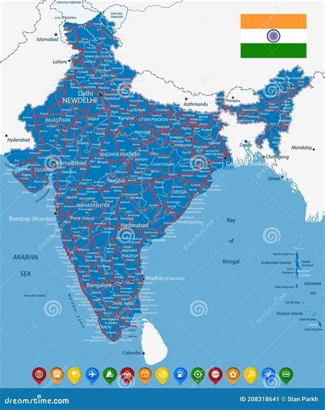 India Road Map And Flat Map Icons Stock Vector Illustration Of East