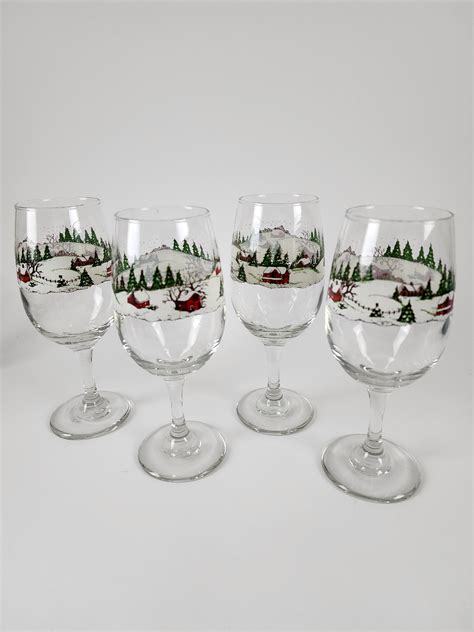 Libbey Winter Village Water Goblet Wine Glasses Set Of 4 Vintage Holiday Goblets With Winter