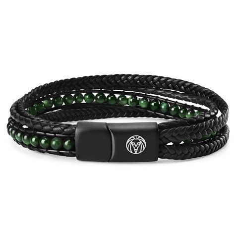 Naxos Black Braided Leather And Green Tigers Eye Bracelet In Stock