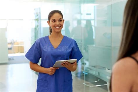 Healthcare Nurse And Happy With Tablet In Hospital For Patient Results Medical Research And