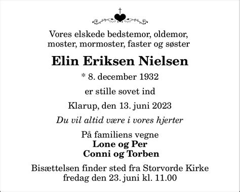 Dødsannonce for Elin Eriksen Nielsen Nordjyske dk