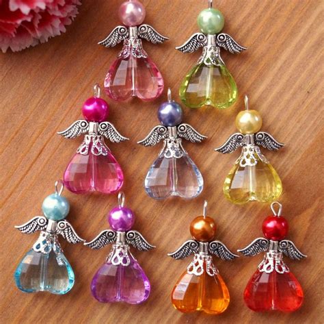 9 Angel Charms Pendants Faceted Acrylic Heart Beads Wings Mix Colours