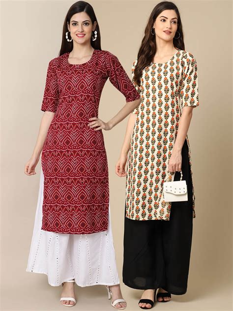 Buy Kalini Women Multicoloured Pack Of 2 Ethnic Motifs Printed Crepe Kurta Kurtas For Women