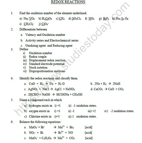 Cbse Class Chemistry Redox Reactions Worksheet Set A Worksheets