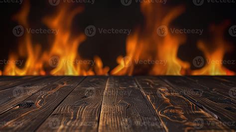 Empty dark wooden surface on blurred fire burning background. Mock up ...