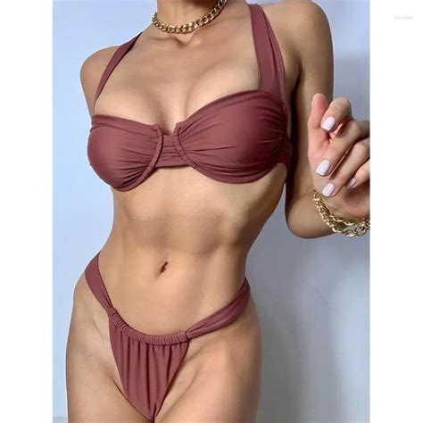 Mulheres Swimwear Sexy Brown Bikini Set Cintura Baixa Biqu Nis