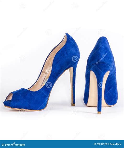 Blue Stylish High Heel Women Shoes On White Background Stock Photo