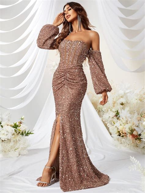 Off Shoulder Lantern Sleeve Split Thigh Sequin Formal Dress Shein Uk