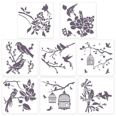 HeroNeo 8 Pack Painting Stencils Cute Flower Birds Branch Drawing ...