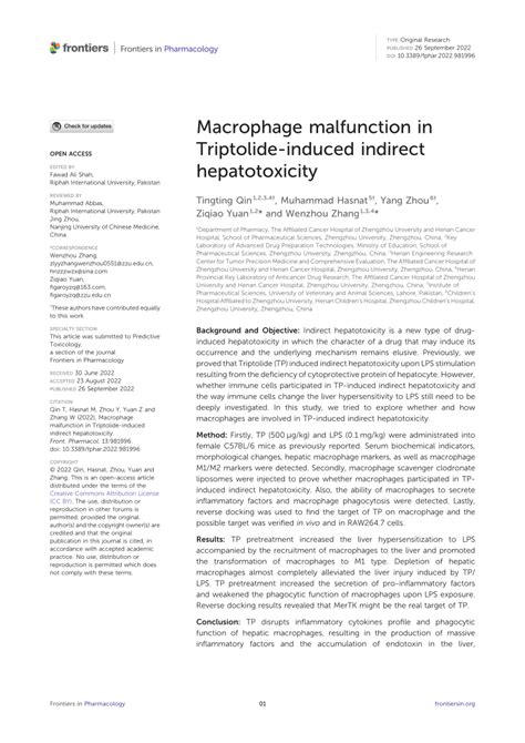 Pdf Macrophage Malfunction In Triptolide Induced Indirect Hepatotoxicity