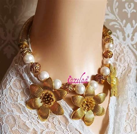 Statement Pearl Antique Golden Flower Necklace Set At ₹3950 Azilaa