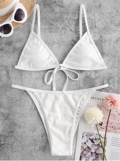 Off Zaful Ribbed Tie String Bikini Swimsuit In White Zaful