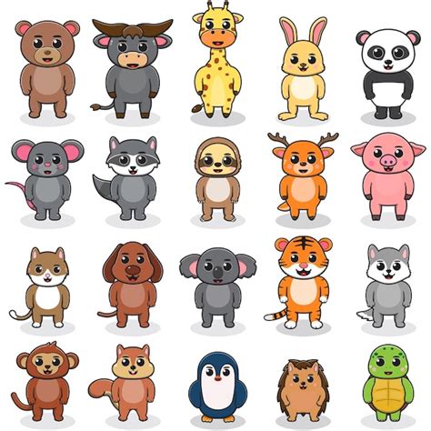 Vetor De Conjunto De Desenhos Animados De Animais Fofos Vetor Premium