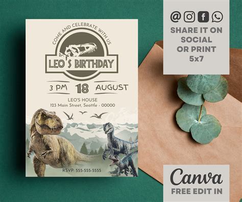 Jurassic World Birthday Invitation Template Dinosaur Party Etsy