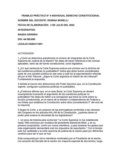 Tp Derecho Constitucional Trabajo Pr Ctico N Individual Derecho