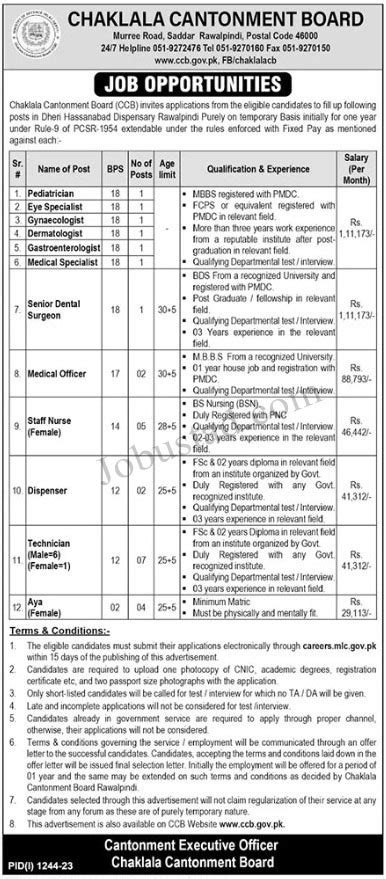 Cantonment Board Chaklala Jobs August 2023 Advertisement