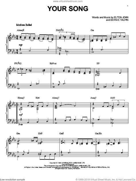 John Your Song Intermediate Sheet Music For Piano Solo PDF