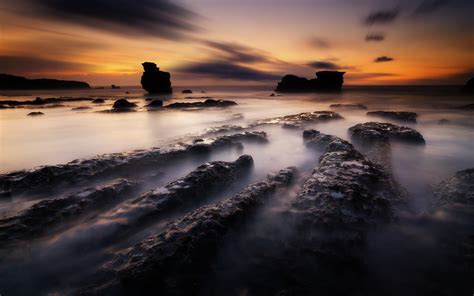 Wallpaper Sunlight Landscape Sunset Sea Bay Rock Shore Sand