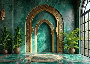 Green And Gold Islamic Interior Of Mosque Background, Gold, Interior, Mosque Background Image ...