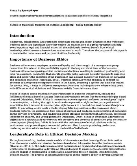 📗 Ethics In Business Benefits Of Ethical Leadership Essay Sample