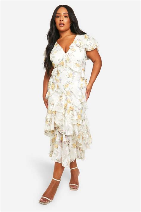 Plus Floral Dobby Ruffle Maxi Dress Boohoo Uk