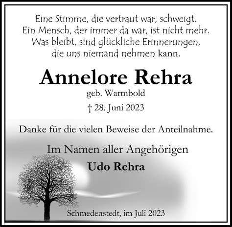 Traueranzeigen Von Annelore Rehra Trauer Anzeigen De