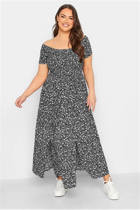 Plus Size Black Floral Shirred Bardot Maxi Dress Yours Clothing