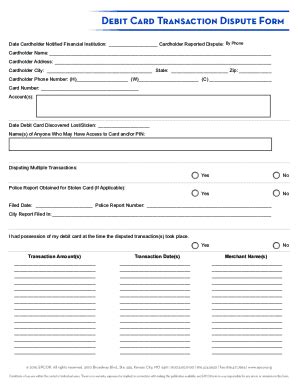 Fillable Online Debit Card Dispute Form Sample EPCOR Fax Email Print