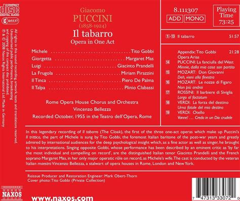 Tito Gobbi Margaret Mas Vincenzo Bellezza Puccini Il Tabarro CD