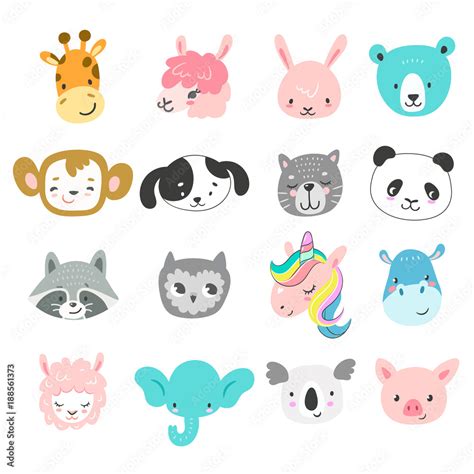 Set of cute hand drawn smiling animals characters. Cartoon zoo. Vector illustration. Giraffe ...