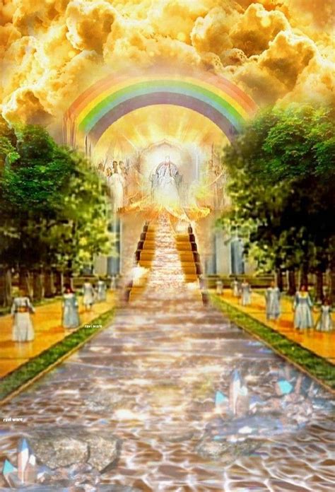 An Image Of A Rainbow In The Sky With Trees And People Walking Down The