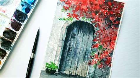 Old Wooden Door Watercolor Painting Step By Step Flower Tree And Door