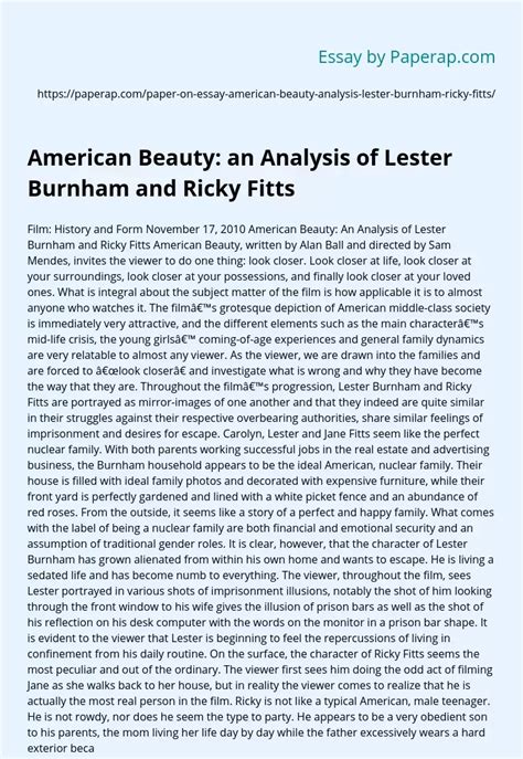 American Beauty An Analysis Of Lester Burnham And Ricky Fitts Character Analysis Essay Example