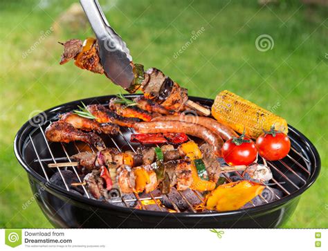 Delicious Grilled Meat With Vegetable On A Barbecue Grill Stock Image Image Of Kebabs Party